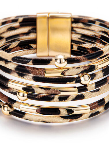 Fesciory Leopard Bracelet for Women, Boho Leather Wrap Multi-Layer Pearl Crystal Bracelet Bangle Jewelry