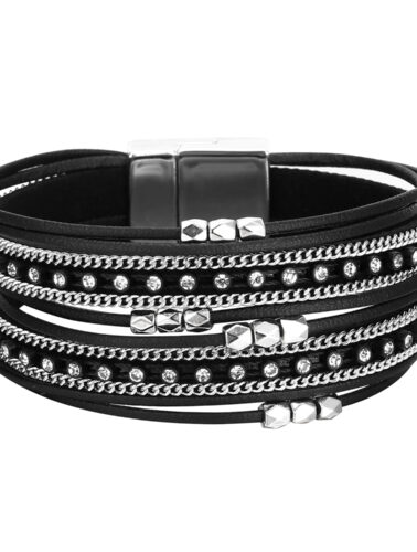 Fesciory Leather Wrap Bracelets for Women, Boho Leopard Multi-Layer Crystal Beads Cuff Bracelet Jewelry