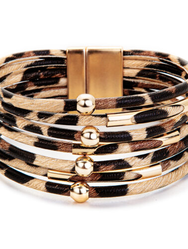 Fesciory Leather Wrap Bracelets for Women, Boho Leopard Multi-Layer Crystal Beads Cuff Bracelet Jewelry