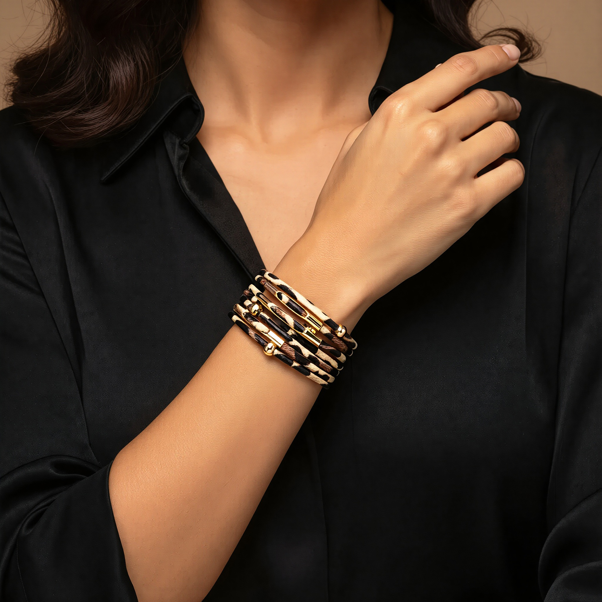 Fesciory Leopard Bracelet for Women, Boho Leather Wrap Multi-Layer Pearl Crystal Bracelet Bangle Jewelry - 图片 2