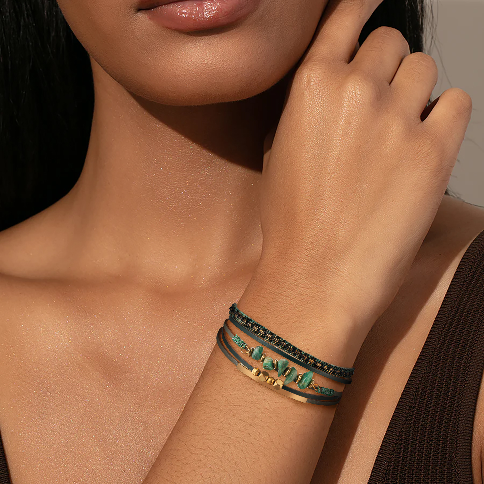 Fesciory Leather Wrap Bracelets for Women, Boho Leopard Multi-Layer Crystal Beads Cuff Bracelet Jewelry - 图片 3