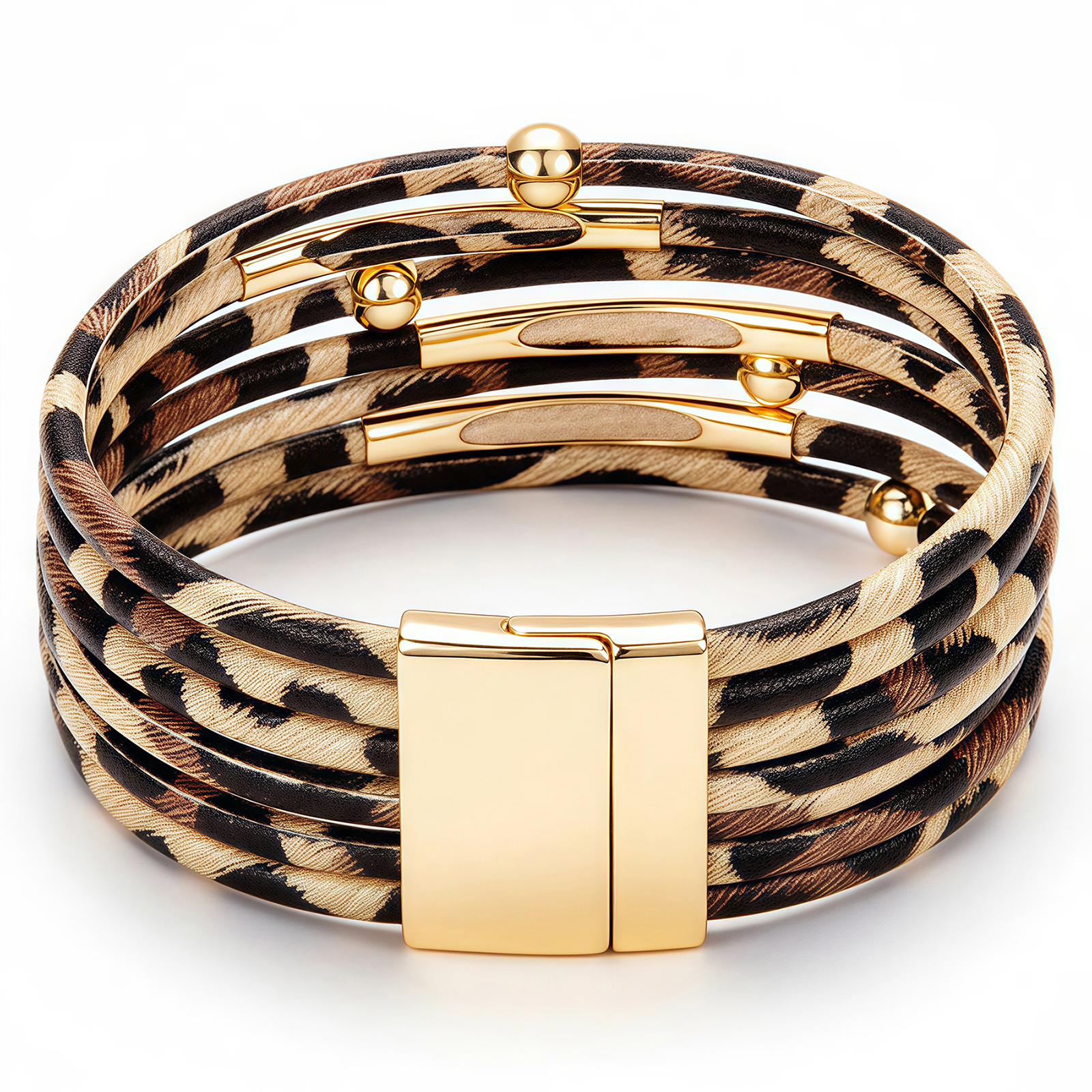 Fesciory Leopard Bracelet for Women, Boho Leather Wrap Multi-Layer Pearl Crystal Bracelet Bangle Jewelry - 图片 5