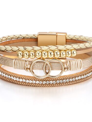 Fesciory Leopard Bracelet for Women, Boho Leather Wrap Multi-Layer Pearl Crystal Bracelet Bangle Jewelry (Double Circle(Khaki))